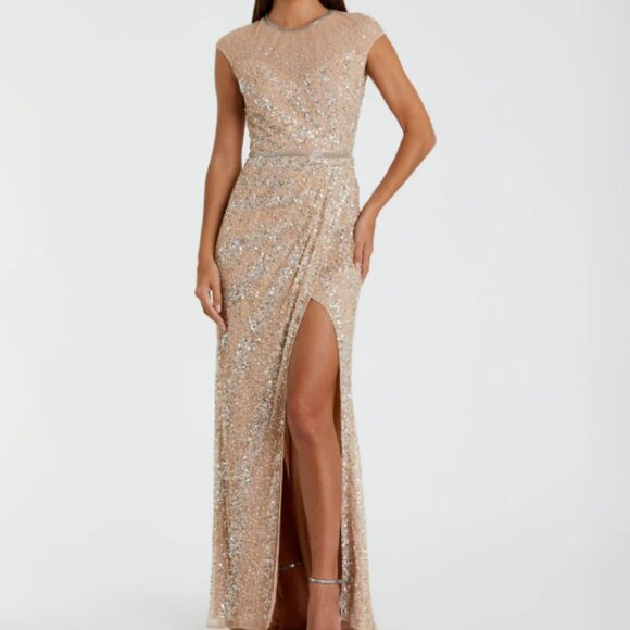 MAC DUGGAL 5619 EMBELLISHED ILLUSIONS HIGH NECK CAP SLEEVE NUDE GOWN sz 2 - Picture 4 of 6